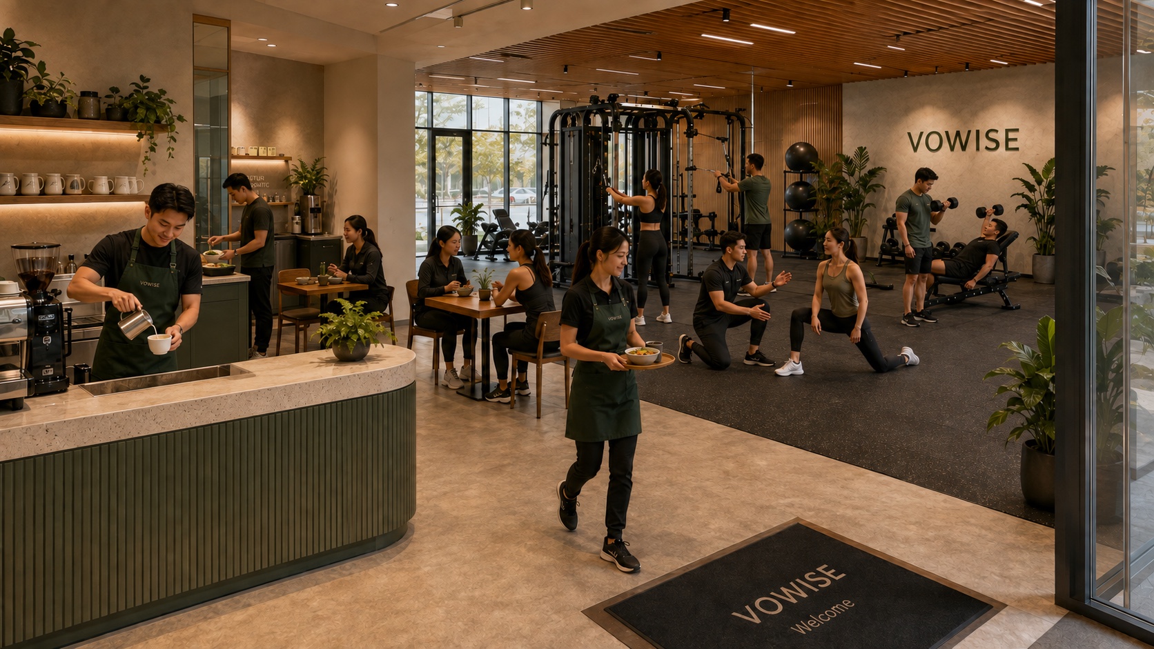 Warm oak and forest-green Vowise interior beside the training floor
